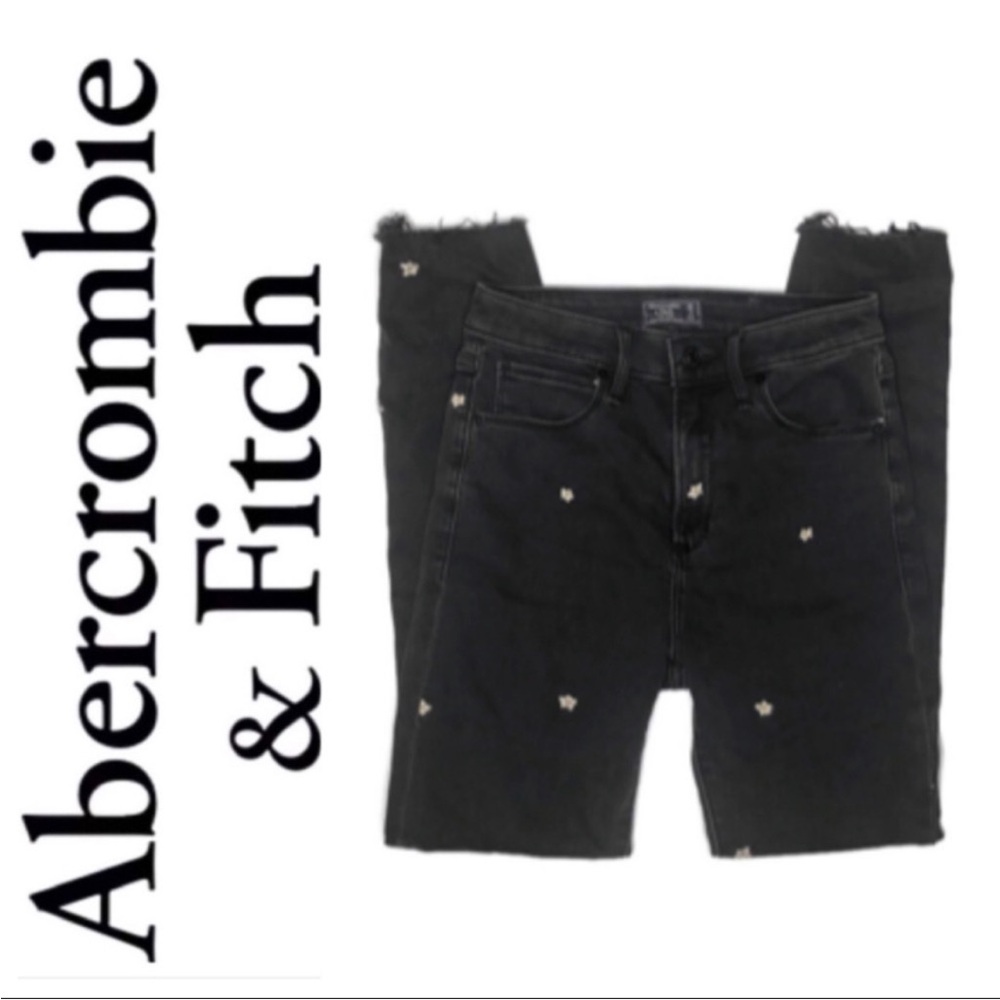 Abercrombie Fitch Black High Rise Super Skinny Ankle Daisy Embroidered Jeans 6L